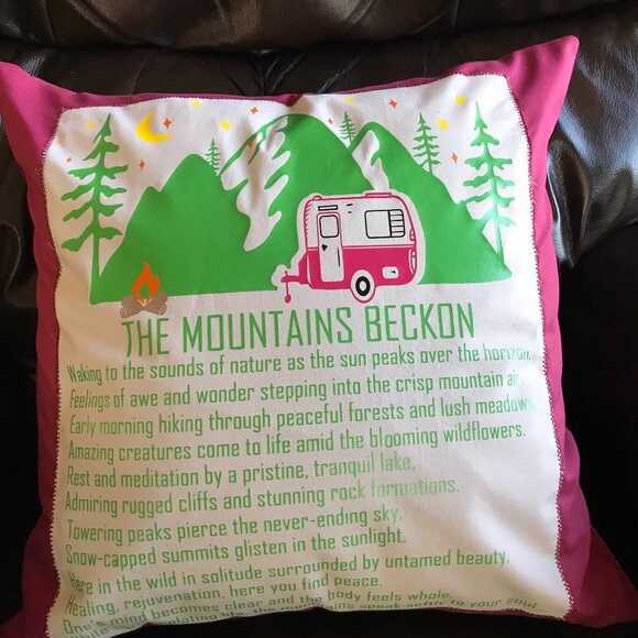 Mountain Camping Pillow Cover, 18 x 18: Handmade Vintage Camper Magenta Decor - Picture 4 of 9